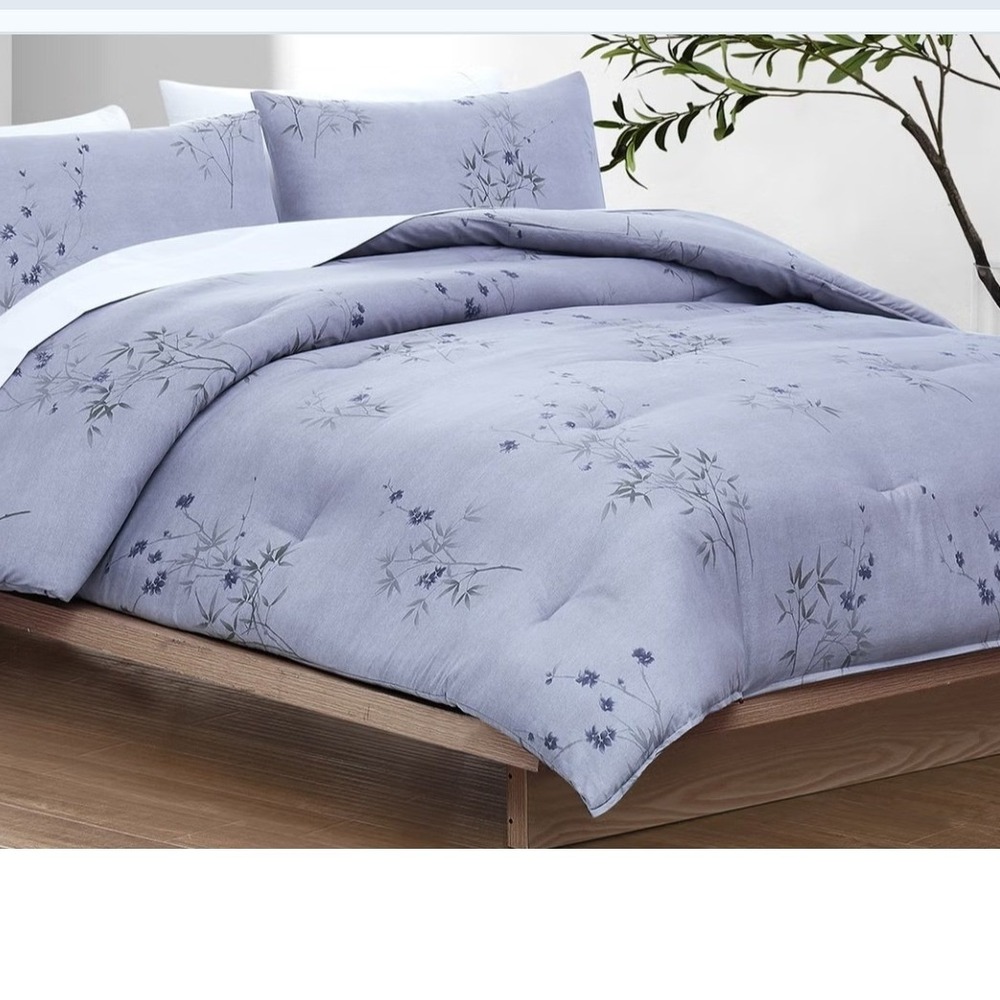 Calvin Klein Home Full Queen Duvet Cover 100% Cotton Blue Bamboo Flowers Zen